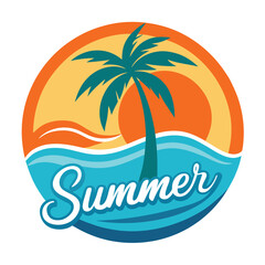 Obraz premium Sunny tropical logo with palm tree inside round radiant sun vector illustration