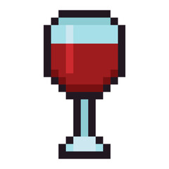 Vector pixel art illustration of a red wine glass emoji in charming retro 8 bit style. This nostalgic and minimal design a stylized glass filled with red wine, perfect for party invitations, bar or