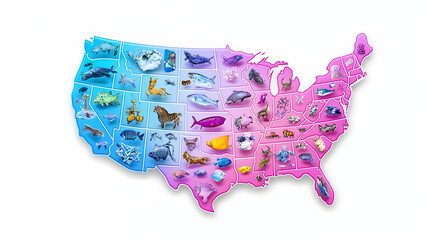 Colorful United States Animal Map with Pink and Blue Gradient