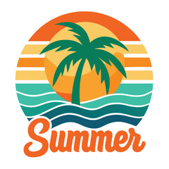 Obraz premium Surfboard logo with palm tree in wave-shaped sun graphic vector illustration
