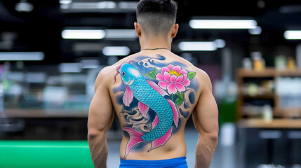 Man with Colorful Koi Fish and Lotus Flower Back Tattoo