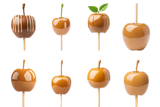 Collection of various Caramel-dipped apple with a glossy finish and a wooden stick isolated on white transparent background PNG set