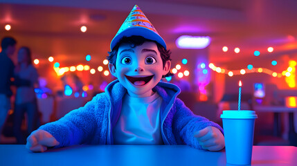 Smiling Puppet Boy at Birthday Party in Neon Lit Restaurant