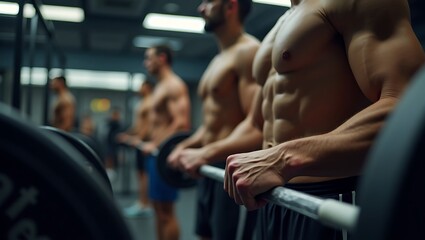 Focused muscular men training together lifting weights in modern gym
