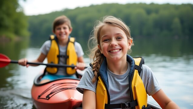 Joyful children paddling in a kayak on a tranquil lake adventure scene