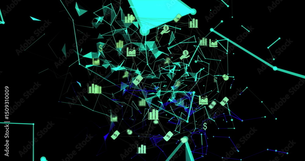 Poster globe of digital icons and network of connections floating against black background