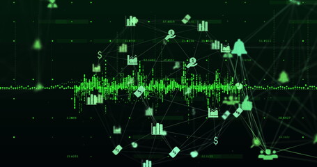 Image of data processing and network of connections over dark background