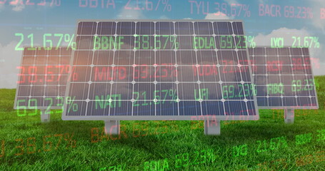 Image of financial data processing over solar panels and landscape