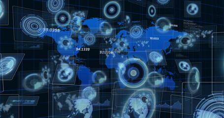 Image of world map and moving screens over dark background