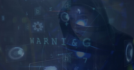 Scanning woman wearing dark hoodie viewing data overlays in dark lab, with warning icon