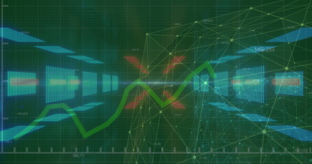Displaying green jagged trend line across grid interface, with yellow nodes, red X markers