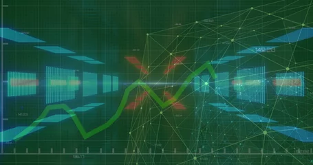 Selbstklebende Fototapeten Displaying green jagged trend line across grid interface, with yellow nodes, red X markers © vectorfusionart