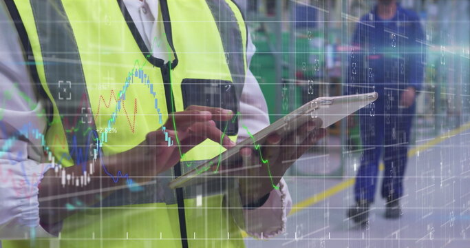 Image of financial data processing over warehouse worker - Powered by Adobe