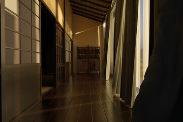 Japanese wooden corridor with shoji sliding doors in the evening sunlight. 3D Rendering