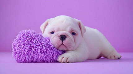 Adorable White Bulldog Puppy with Purple Toy on Lavender Background