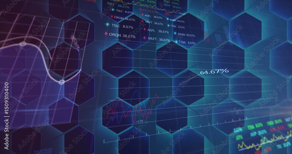 Poster displaying financial dashboard on screen, showing hexagon overlay, charts and stock tickers