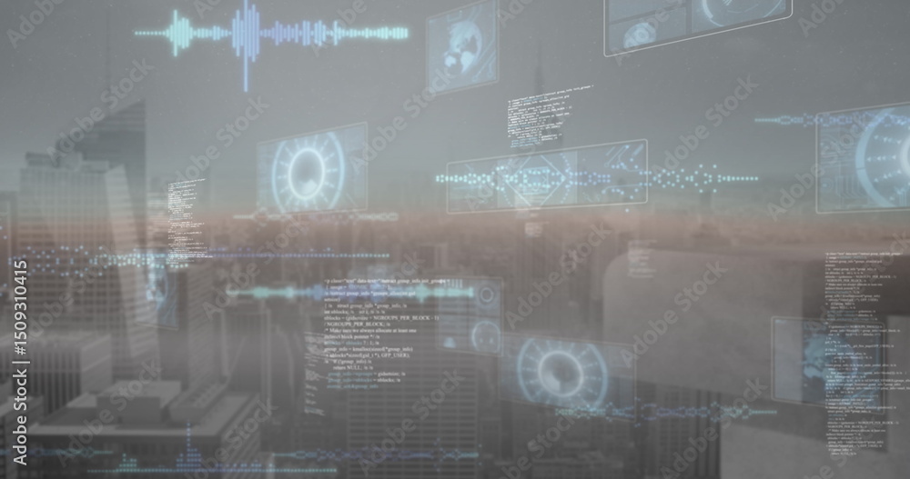 Poster image of data processing over cityscape
