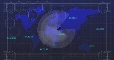 Scanning circular overlay rotating over digital world map on dashboard, with teal numeric labels