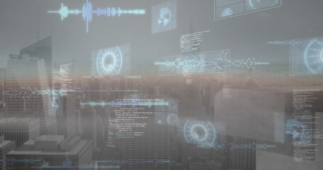 Image of data processing over cityscape