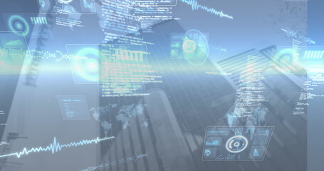 Displaying HUD overlaying city skyline, with code windows, circular gauges and line graphs
