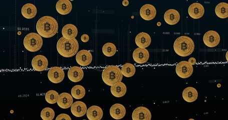 Floating gold Bitcoin coins swirling over dark trading interface, with dotted price line
