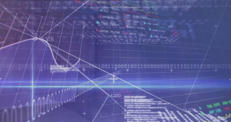 Image of data processing and binary coding on blue background