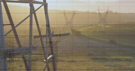 Image of data processing over modern building and pylons
