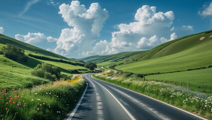 AI-Generated Illustration: Countryside Road Through Green Hills

