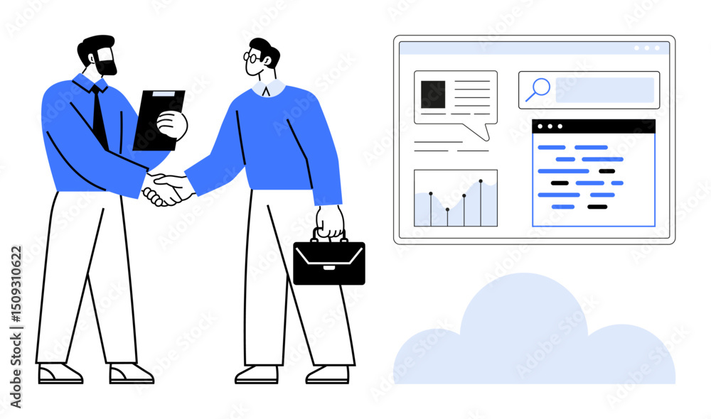 Aufkleber two business professionals in formal attire shaking hands with data dashboards and graphs. ideal for