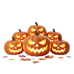 A cluster of glowing Jack o lanterns casting eerie shadows ready for a on transparent background