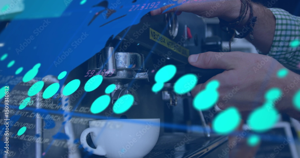 Poster image of data processing over world map against mid section of barista using coffee machine