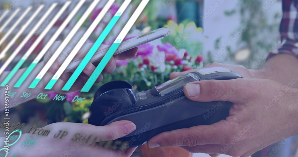 Poster animatio of financial data processing over people using payment terminal