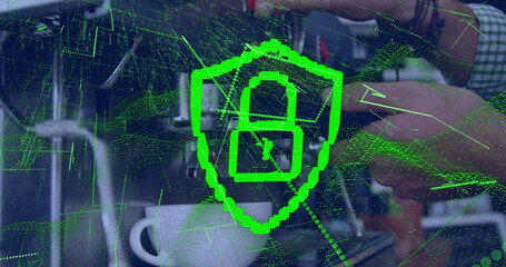 Image of digital interface over barista is making coffee