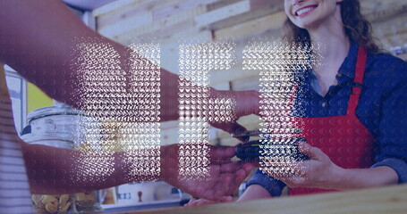 Image of nft over hands of male customer and caucasian waitress using payment terminal