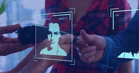 Image of digital interface over people using payment terminal