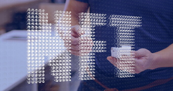 Image of digital interface over people using payment terminal