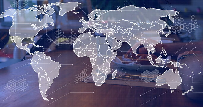 Image of world map over people in the cafe - Powered by Adobe