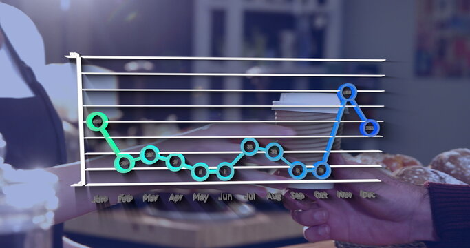 Image of statistical data processing over mid section of male waiter serving coffee at a cafe