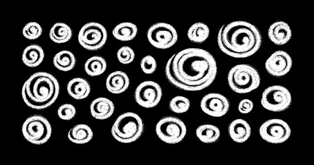 White Grunge Spiral Doodles on Black Background. Hand Drawn Swirl Elements. Perfect for modern edgy design, prints, album covers, posters, packaging