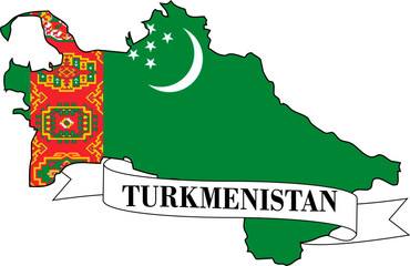 The map of Turkmenistan overlaid with the flag of Turkmenistan and its name written on a ribbon