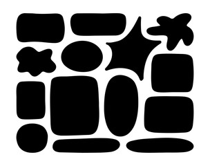 Abstract Hand Drawn Geometric Shapes Collection. Black Modern Design Elements, Includes ovals, rectangles, blobs, stars, and rounded forms. Perfect for contemporary graphic design, branding, web