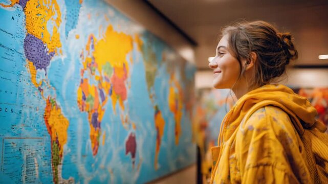 A young woman in a yellow jacket smiles while looking at a colorful world map on a wall, with another person in the background.