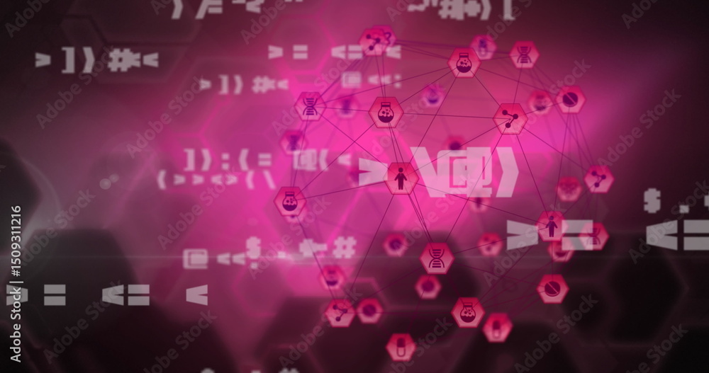 Poster multiple changing symbols and globe of digital icons against hexagonal shapes on pink background