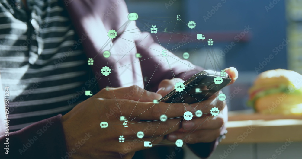 Poster image of network of connections over man using smartphone