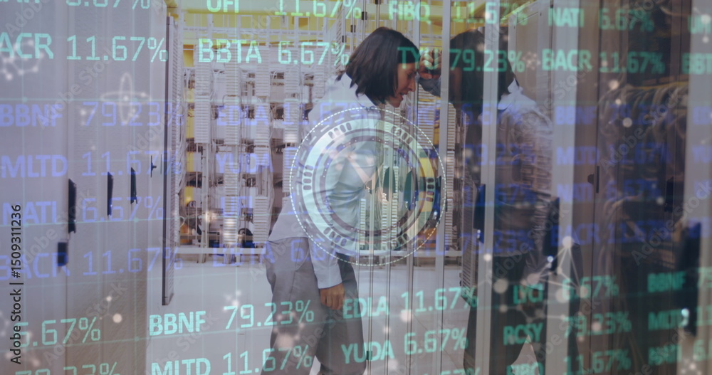 Poster image of data processing over female worker in server room