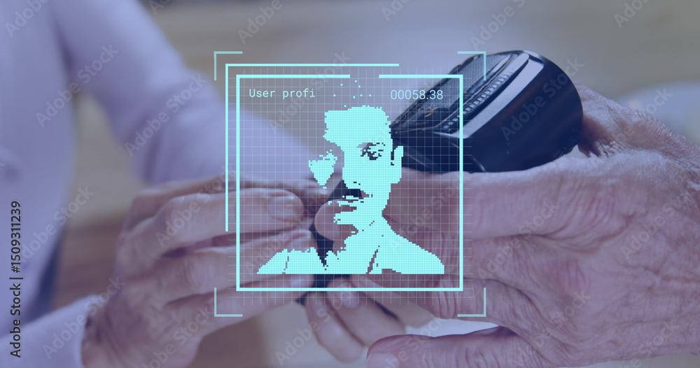 Poster image of world map and data processing over businessman people using laptop
