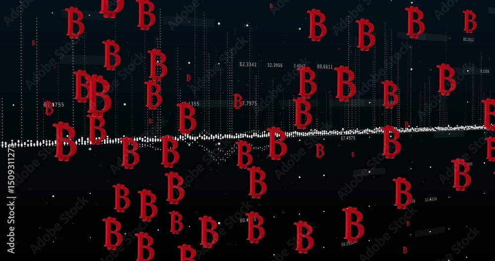 Poster image of bitcoin sings and data processing over dark background