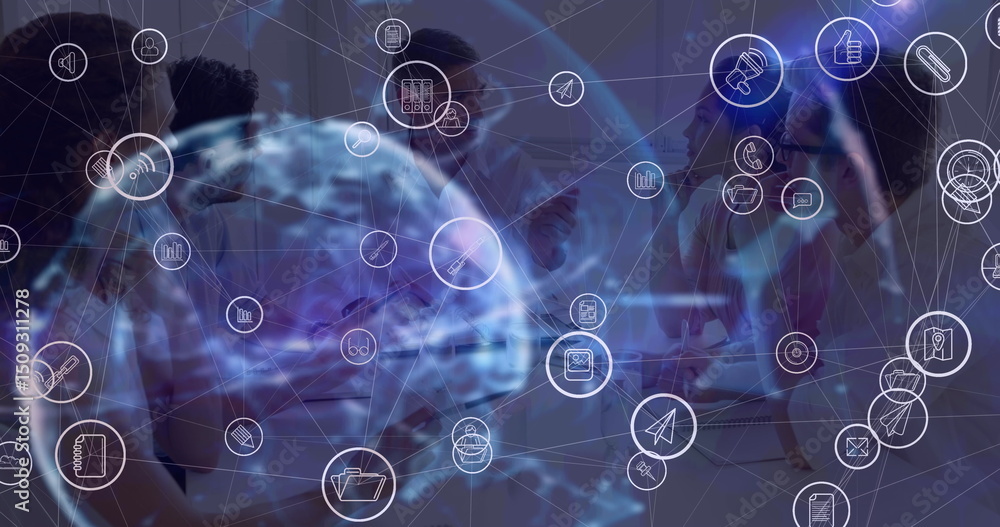 Poster image of network of connections with icons over globe