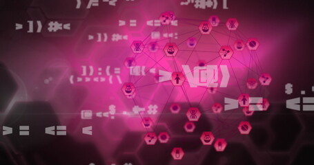 Multiple changing symbols and globe of digital icons against hexagonal shapes on pink background