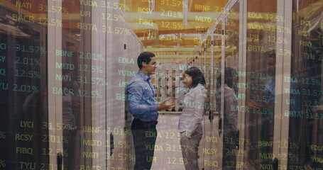 Image of data processing over workers in server room